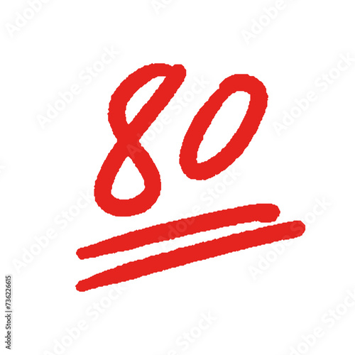 ラフな手書きの赤い数字の80とシンプルな装飾 - 80点のテストの点数や番号のデザイン素材