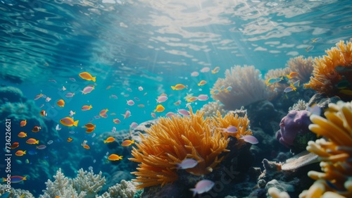 Vibrant Coral Reef Ecosystem - A colorful underwater scene with diverse marine life thriving among the coral reef.
