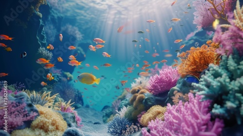 Exotic Marine Life in Sunlit Waters - The radiant sunlight filters through the water, highlighting the exotic marine life in a thriving coral reef. © Mickey
