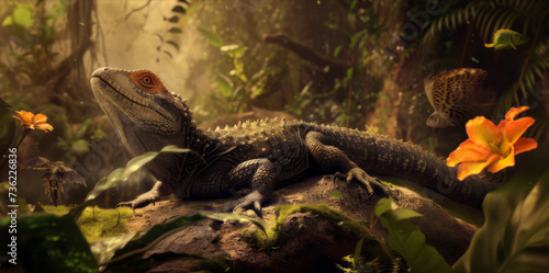 Iguana in Lush Vivarium Habitat - An iguana rests within its lush vivarium home, a perfect imitation of its natural habitat. © Mickey