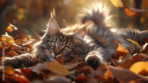 Laid-back Cat in Autumn Leaves - A captivating image of a relaxed cat amidst the beauty of fall.