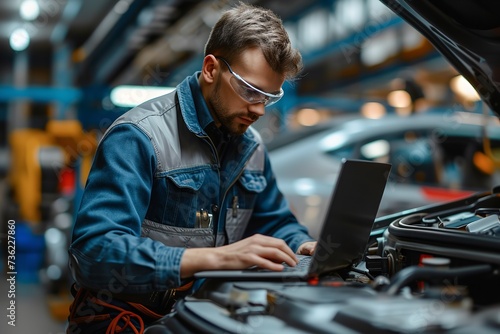 An automobile mechanic working in car engine with laptop a concept of digitalization, Generative AI.