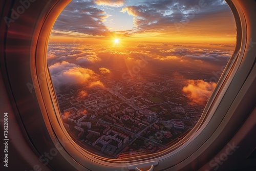 Stunning view of the city and cloudless sunset sky behind the airplane window during flight.