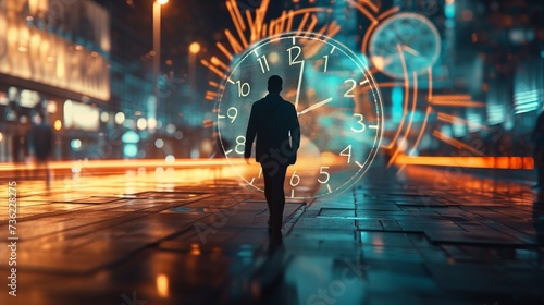 A person walking on a street at night, with city lights and buildings in the background, towards a large, transparent clock face. There's a sense of time and motion captured.
