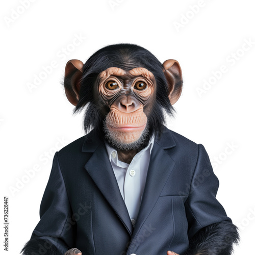 animal monkey concept Anthromophic friendly monkey wearing suite formal business suit pretending to work in coporate workplace studio shot on transparent © YauheniyaA