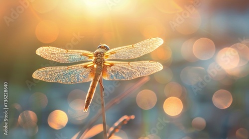 marvel at the intricate beauty of a dragonfly poised on a slender reed, its iridescent wings catching the light in a dazzling display