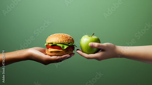 Unhealthy vs healthy food. Burger and apple in different hands on green background . Choice between fast foods and vegetables, fruit. AI Generative