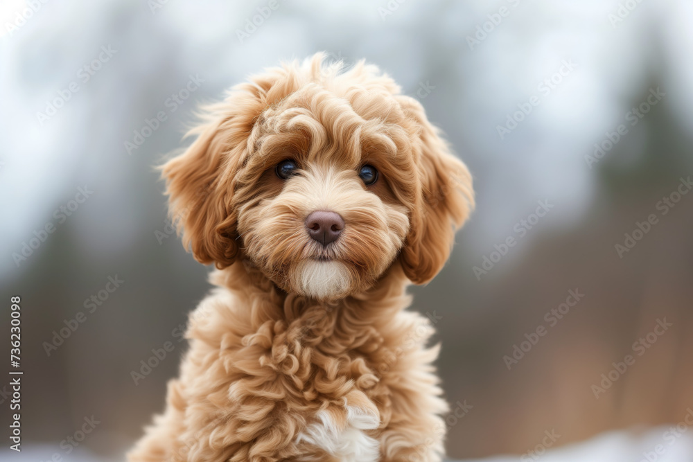 A goldendoodle puppy sitting portrait with blonde hair and a blurred background.