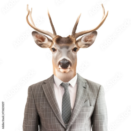 animal deer concept Anthromophic friendly deer wearing suite formal business suit pretending to work in coporate workplace studio shot on transparent © YauheniyaA