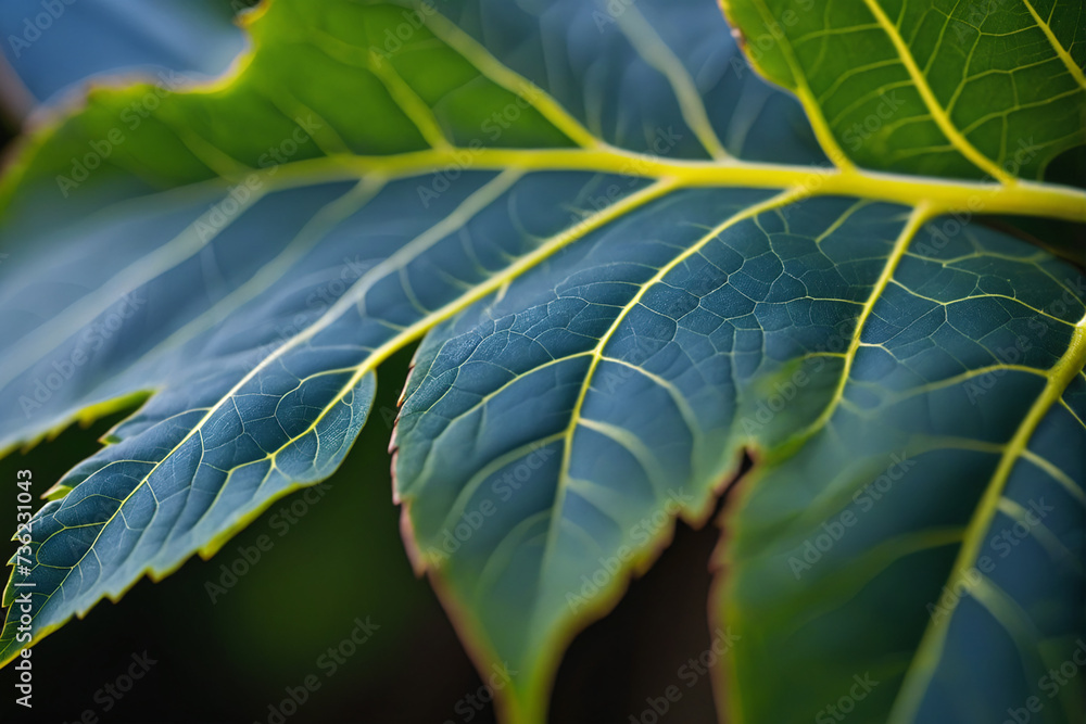 Fototapeta premium Veins of Nature A Macro Leaf's Vein Pattern highlighted soft, translucent blue hue