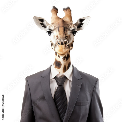 animal giraffe concept Anthromophic friendly giraffe wearing suite formal business suit pretending to work in coporate workplace studio shot on transparent © YauheniyaA