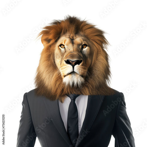 animal lion concept Anthromophic friendly lion wearing suite formal business suit pretending to work in coporate workplace studio shot on transparent photo