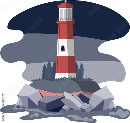 Landscape of lighthouse over land, rocks and sea at sunset