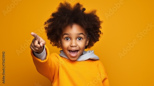 A surprised funny African-American girl with curly hair shows an index finger gesture on a bright yellow background with a copy space. Children, schoolchildren, Advertising Clothes, school supplies.