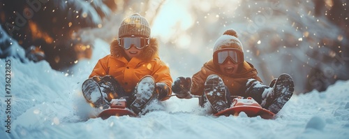 Two thrillseeking friends sled down a snowy hill full of excitement. Concept Sledding Adventure, Snowy Thrills, Adventurous Friends, Excitement on the Slopes