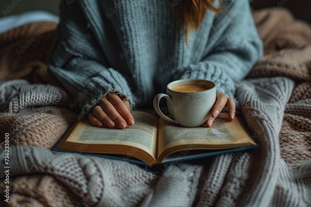 Female hand with book and coffee Woman reading a book in bed at night Female hand with book and coffee Woman reading a book in bed at night