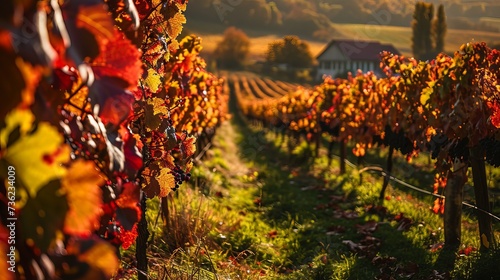 Autumn Vineyard Landscape with Sunlit Red and Yellow Leaves and Green Pathway