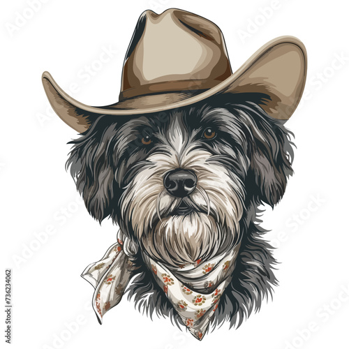 Havanese dog Head wearing cowboy hat and bandana around neck