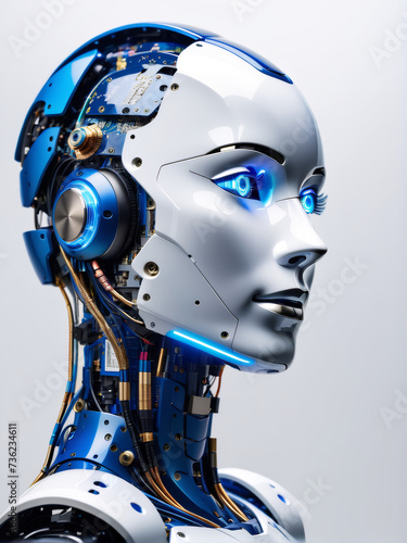 A humanoid robot's profile reveals intricate blue circuitry within its head, showcasing advanced artificial intelligence.