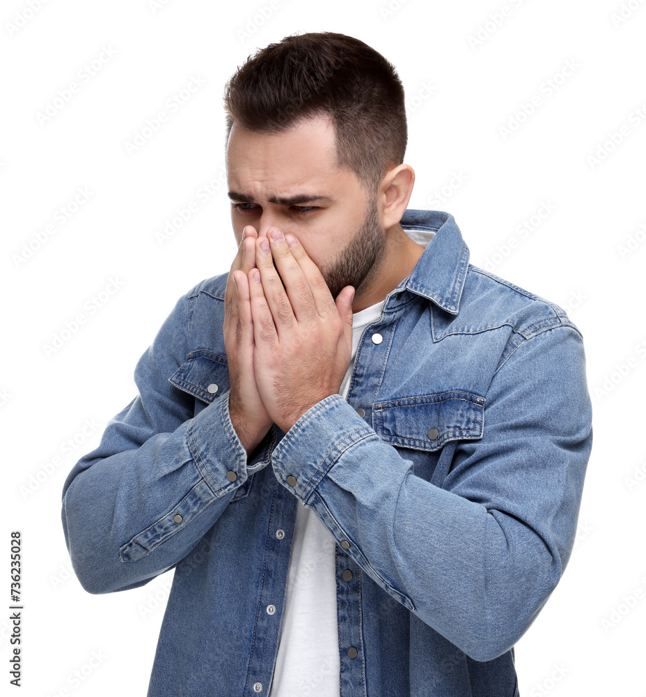 Sick man coughing on white background. Cold symptoms Sick man coughing on white background. Cold symptoms