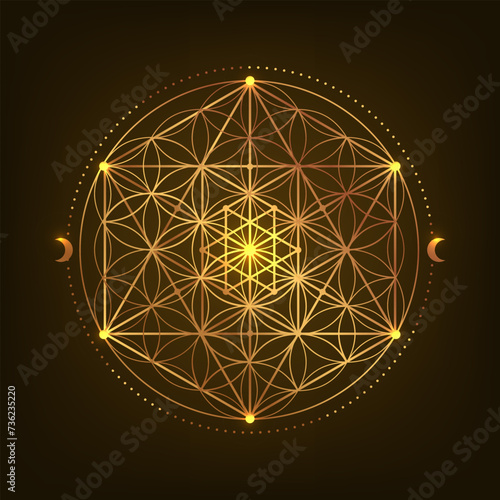 Sacred Geometry Symbol. Vector illustration. Mystic esoteric Flower of Life. Golden Seed of life. Mandala lotus flower