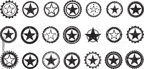 Grunge Stars Stamps Collection. Can be used as Banners, Insignias or Badges. Vector Distressed Textures Set. Blank Geometric Shapes. Vector Illustration. Black isolated Background