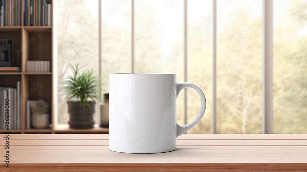 Obraz premium White Ceramic Mug Mockup on Wooden Table with Bookshelf and Autumn Window View
