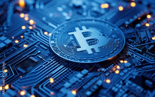 bitcoin cryptocurrency on electronic circuit board blue background