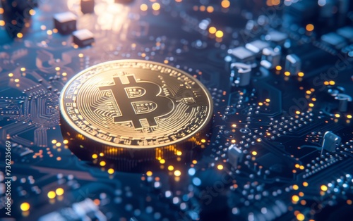 bitcoin cryptocurrency on electronic circuit board background