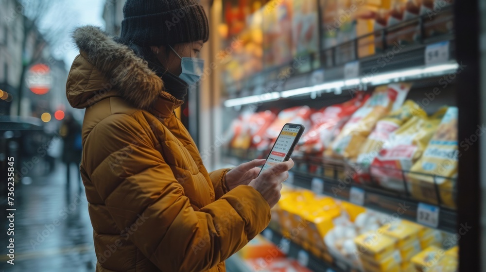 Female customer with phone in hand, food store