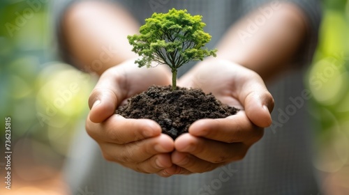 Hand holding young plant on blur green nature background. Sources for renewable, Sustainable development.concept eco earth day © charunwit