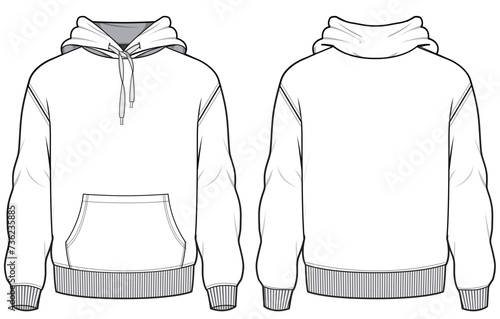 Long sleeve Hoodie jacket design flat sketch Illustration, Hooded sweater jacket with front and back view, winter hoody jacket for Men and women. for hiker, outerwear and workout in winter
