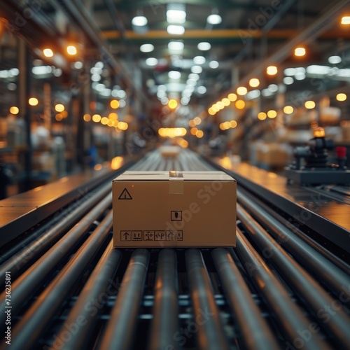 Carton on roller conveyor. Automatic carton tape sealing machine. Industrial logistics warehouse