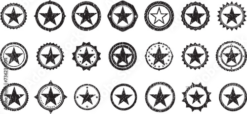 Grunge Stars Stamps Collection. Can be used as Banners, Insignias or Badges. Vector Distressed Textures Set. Blank Geometric Shapes. Vector Illustration. Black isolated Background