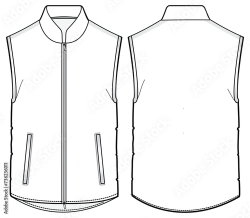 Sleeveless Gilet jacket design flat sketch Illustration front and back view vector template, Winter Bomber Jacket for men and women