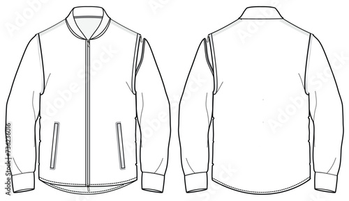 Hybrid Bomber jacket with detachable sleeve design flat sketch Illustration front and back view vector template, Winter Jacket for men and women