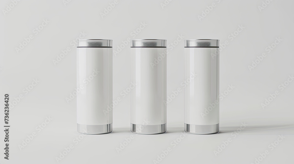 Minimalist Three Tall White Tumblers With Metallic Silver Caps Are Lined Up Against a Clean White Background Minimalist Three Tall White Tumblers With Metallic Silver Caps Are Lined Up Against a Clean White Background
