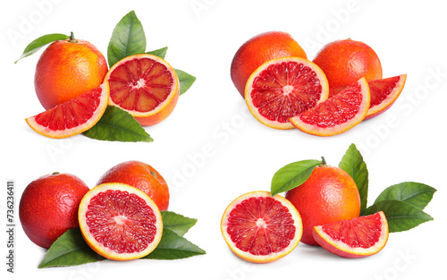 Ripe red oranges isolated on white  set