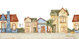 A seamless border with houses is watercolor hand drawn illustration. house, cottage, country house, townhouse, tractor