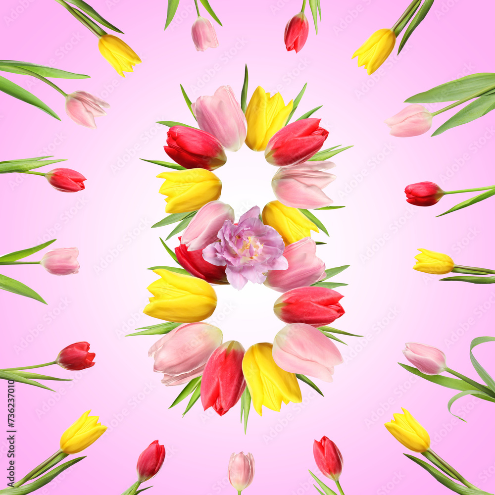 International Women's Day - March 8. Card design with number 8 of bright flowers on pink background International Women's Day - March 8. Card design with number 8 of bright flowers on pink background