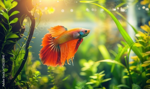 Underwater Serenity. A Beautiful Betta Fish Amidst Clear Water, Surrounded by Various Aquatic Plants, Creating a Tranquil Aquascape.