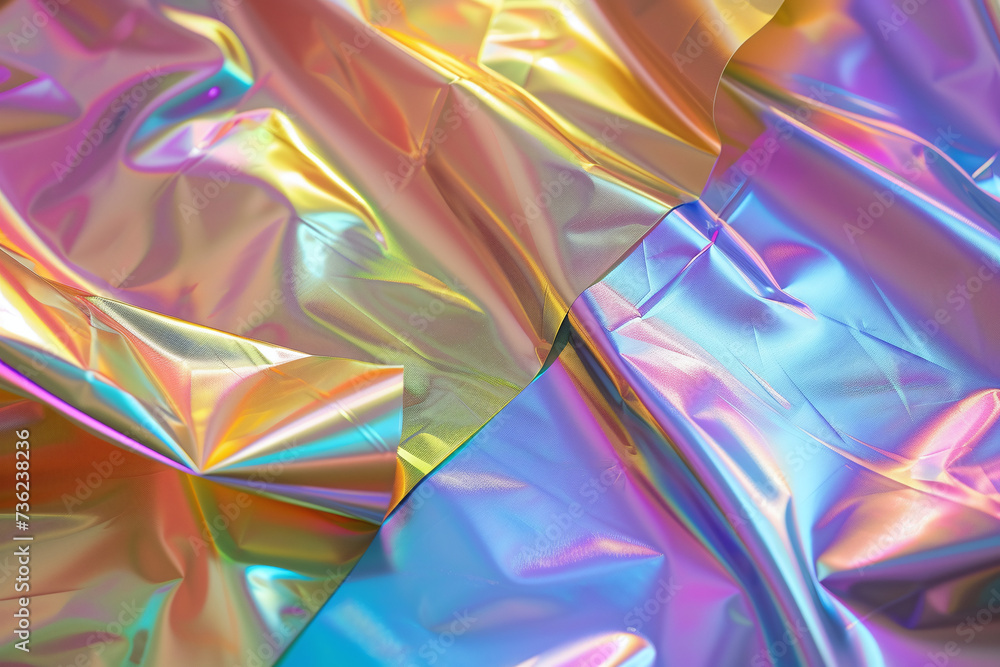 Fototapeta premium Vibrant Holographic Foil Texture with Colorful Reflections and Creases, Abstract Background for Modern Design