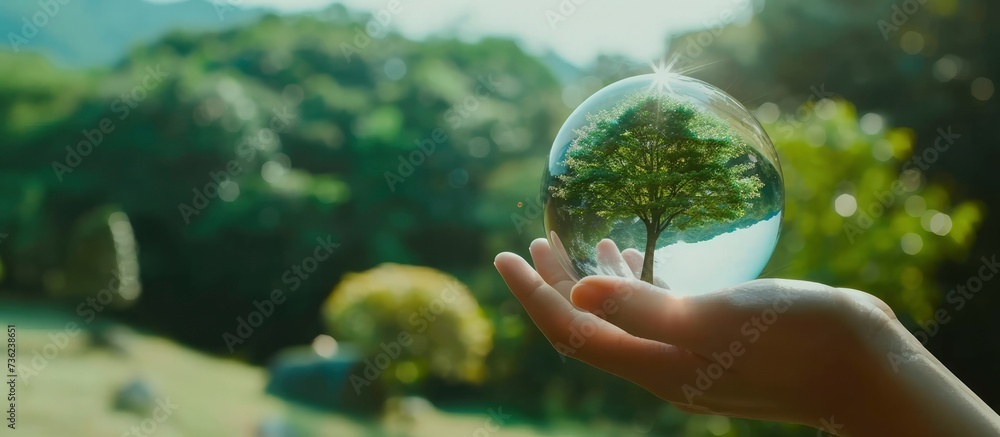 Preserving Our Planet. Hand Holding Glass Globe with Tree Growing Inside Against a Green Nature Blur Background, Symbolizing Eco Conservation.