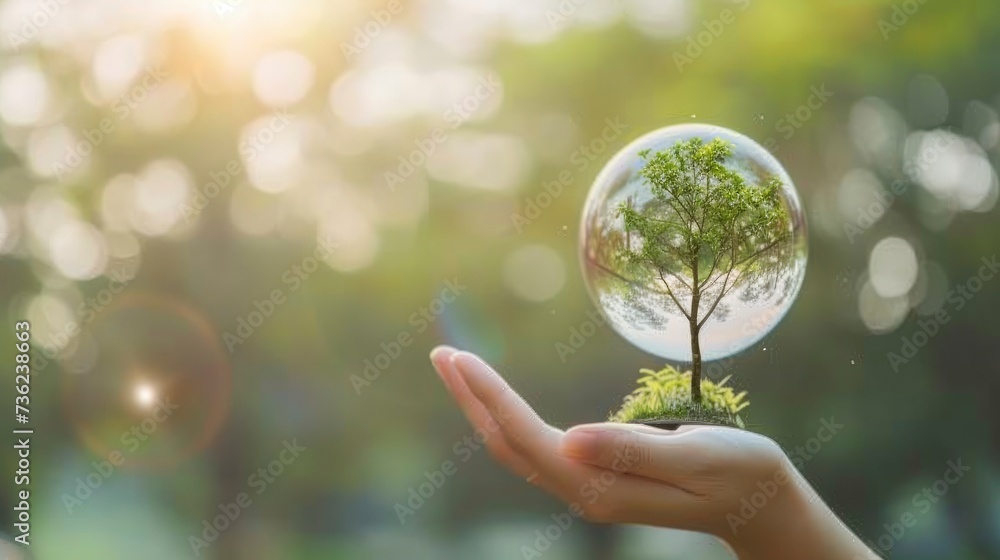 Preserving Our Planet. Hand Holding Glass Globe with Tree Growing Inside Against a Green Nature Blur Background, Symbolizing Eco Conservation.