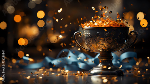 Celebratory Trophy with Confetti Explosion. An ornate trophy bursts with sparkling confetti, capturing a moment of victory and celebration, perfect for achievements and special occasions.