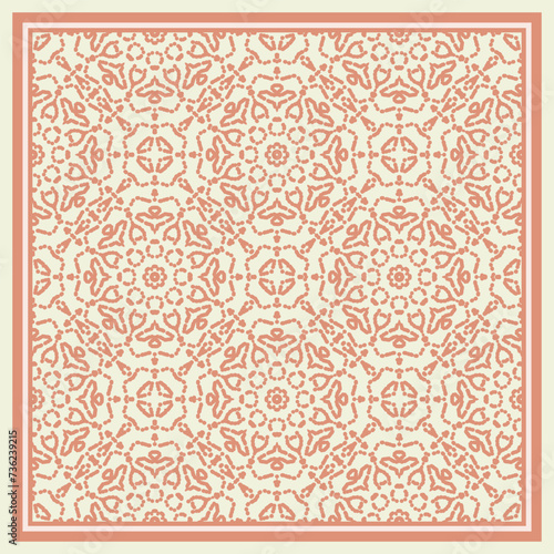 Bright color abstract geometric mandala pattern in white orange, vector seamless. Frame.