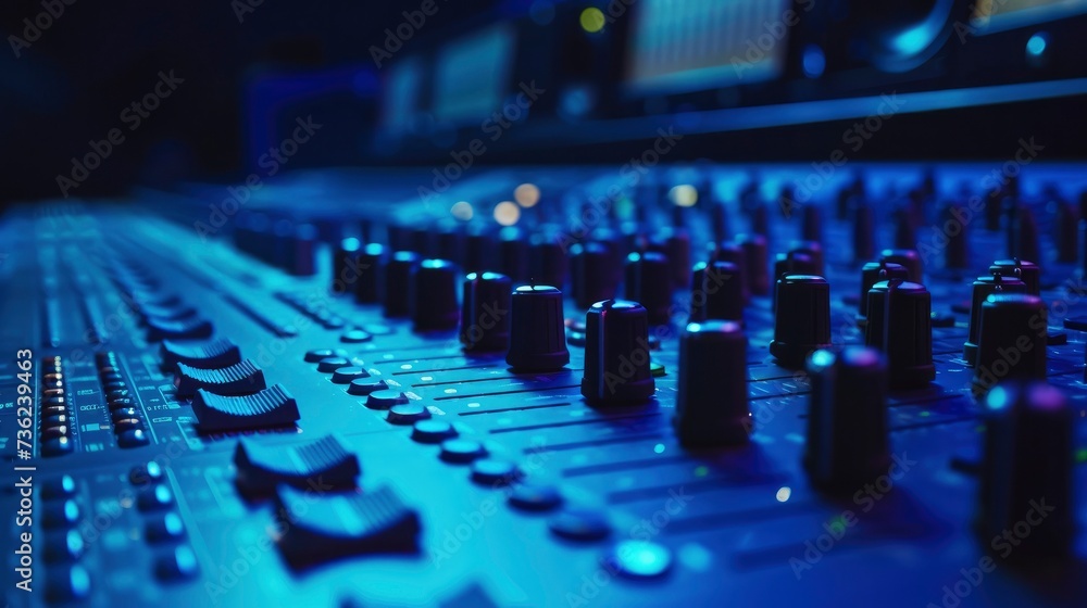 A recording studio macro view of mixing console - obrazy, fototapety, plakaty 