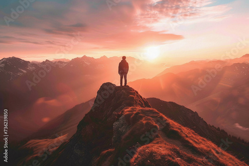Adventurous Hiker Standing on Mountain Summit at Sunrise, Inspiring Landscape with Golden Light and Majestic Peaks © Qmini