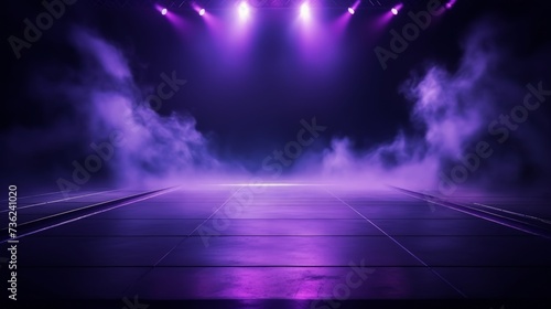 The dark stage shows, purple background, an empty dark scene, neon light, spotlights The asphalt floor and studio room