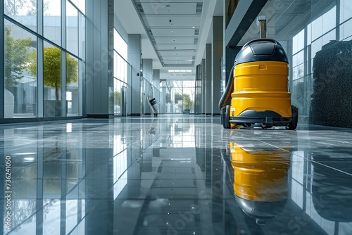 An office automatic vacuum cleaner with space a big yellow vacuum cleaner working in office, Generative AI. photo